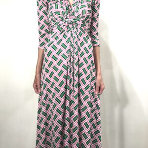 Vestido de punto largo verde y rosa 