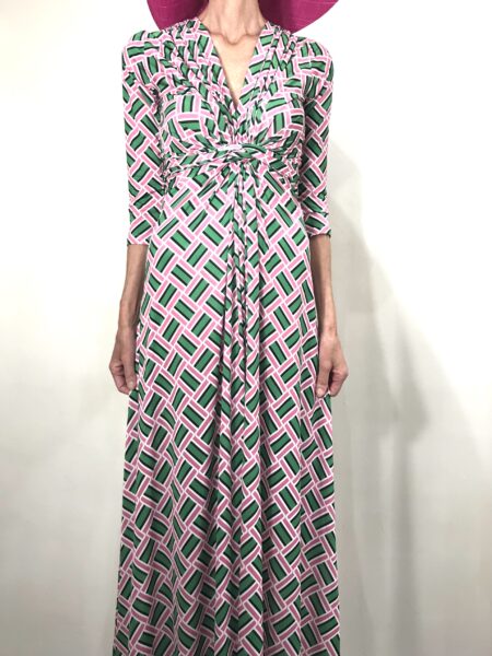 Vestido de punto largo verde y rosa 