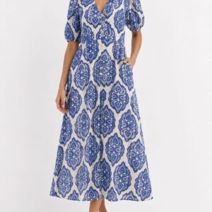 Vestido lino estampado azules